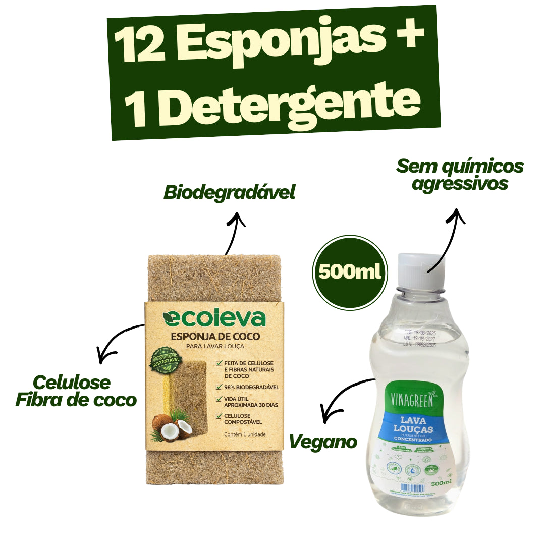 Kit 12 Esponjas Raiz Eco (GRÁTIS Detergente Natural)