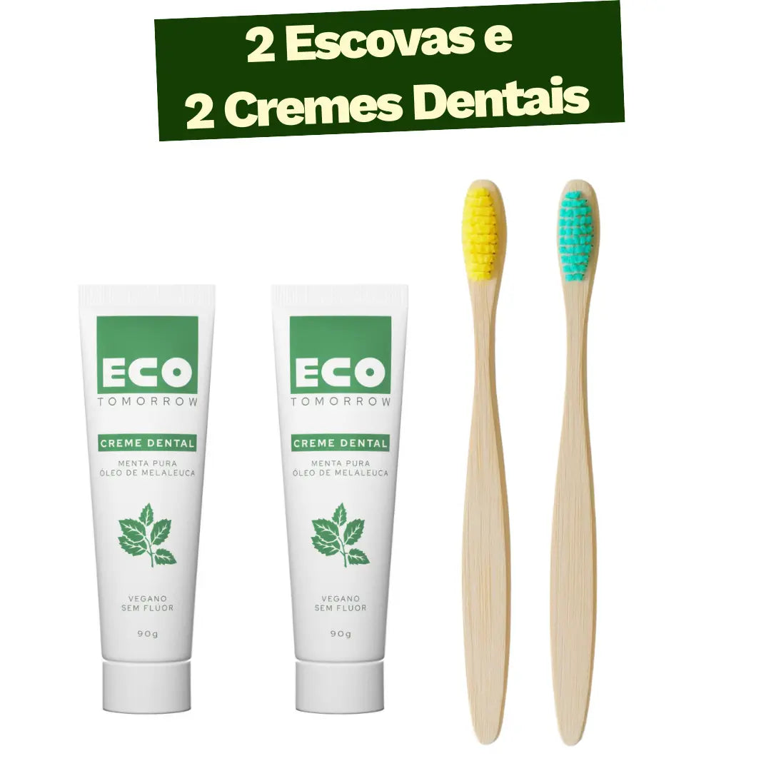 Kit 2 Escovas de Dentes de Bambu + 2 Cremes Dentais Menta Pura