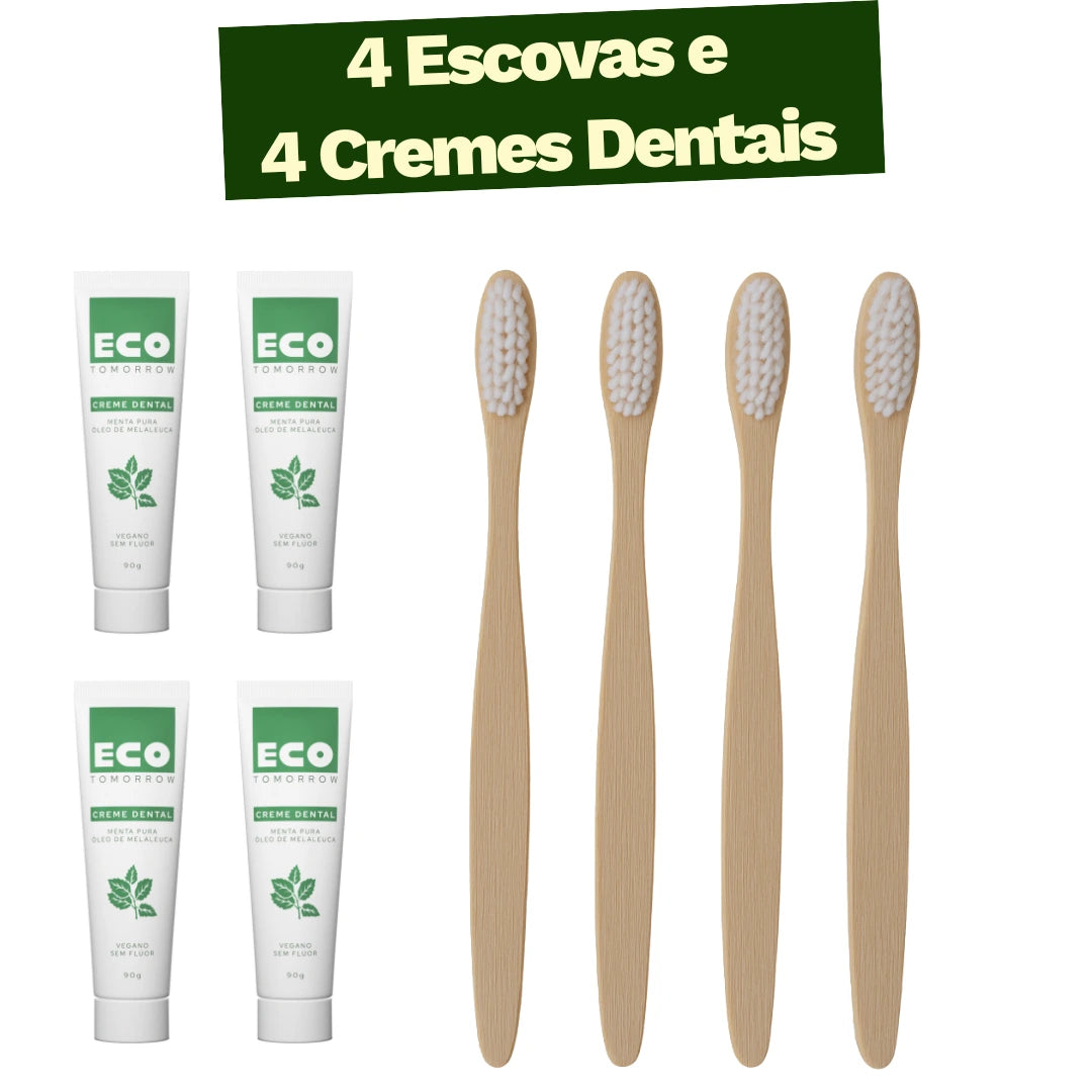 Kit 4 Escovas de Dentes de Bambu + 4 Cremes Dentais Menta Pura