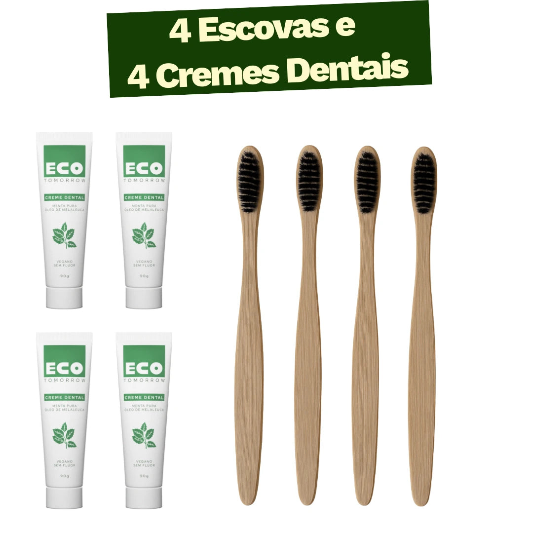 Kit 4 Escovas de Dentes de Bambu + 4 Cremes Dentais Menta Pura