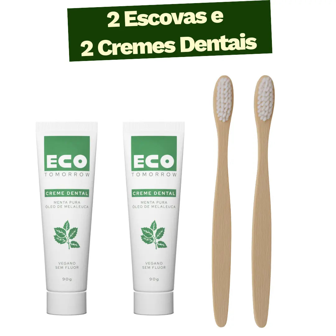 Kit 2 Escovas de Dentes de Bambu + 2 Cremes Dentais Menta Pura