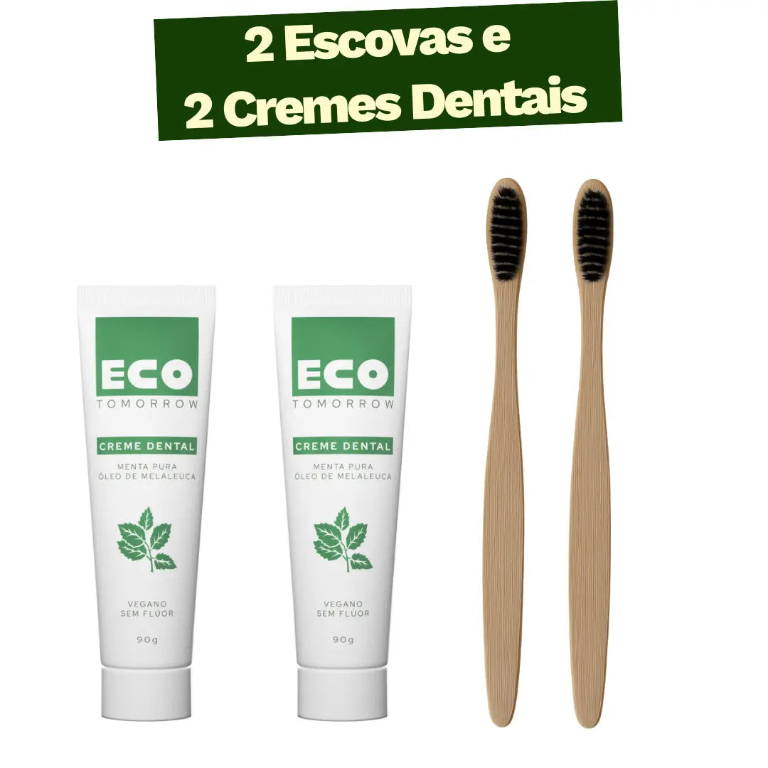 Kit 2 Escovas de Dentes de Bambu + 2 Cremes Dentais Menta Pura