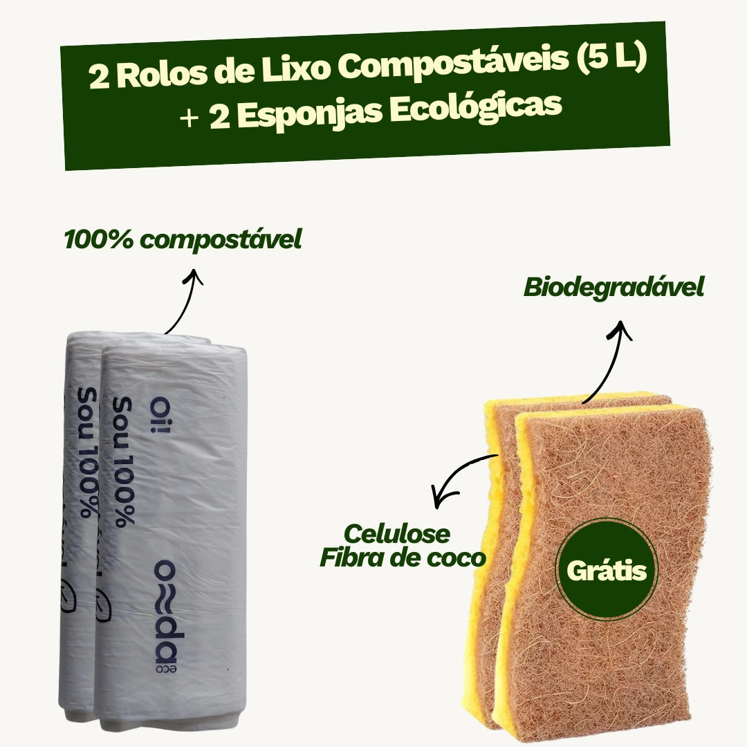 Kit 2 rolos de lixo compostáveis 5L (GRÁTIS 2 Esponjas)
