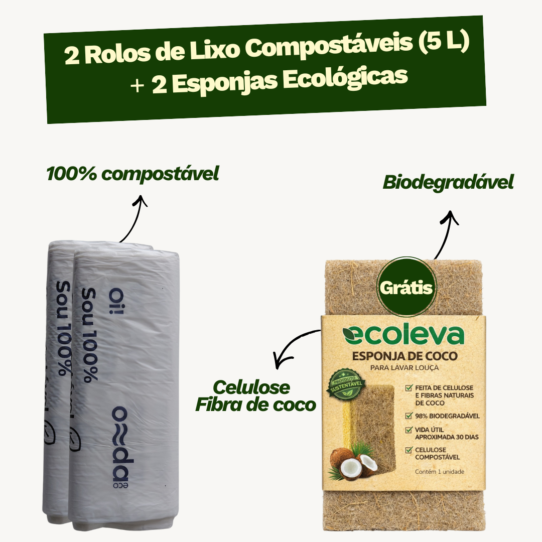 Kit 2 rolos de lixo compostáveis 5L (GRÁTIS 2 Esponjas)
