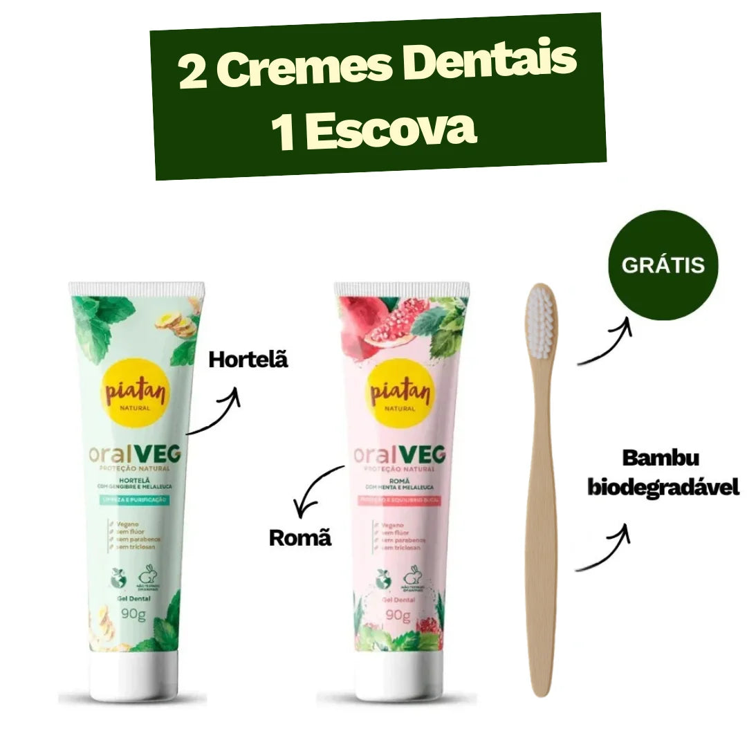 Kit 2 Cremes Dentais Naturais (BRINDE Escova de Bambu cores sortidas)