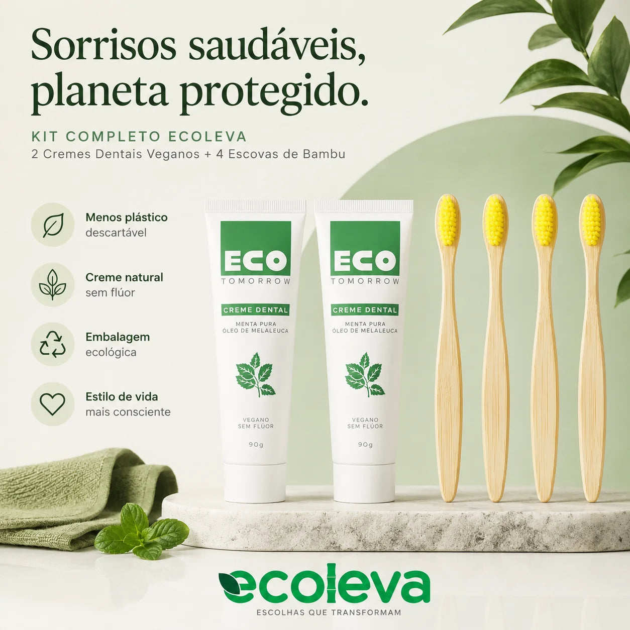 Kit 4 Escovas de Dentes de Bambu + 2 Cremes Dentais Menta Pura