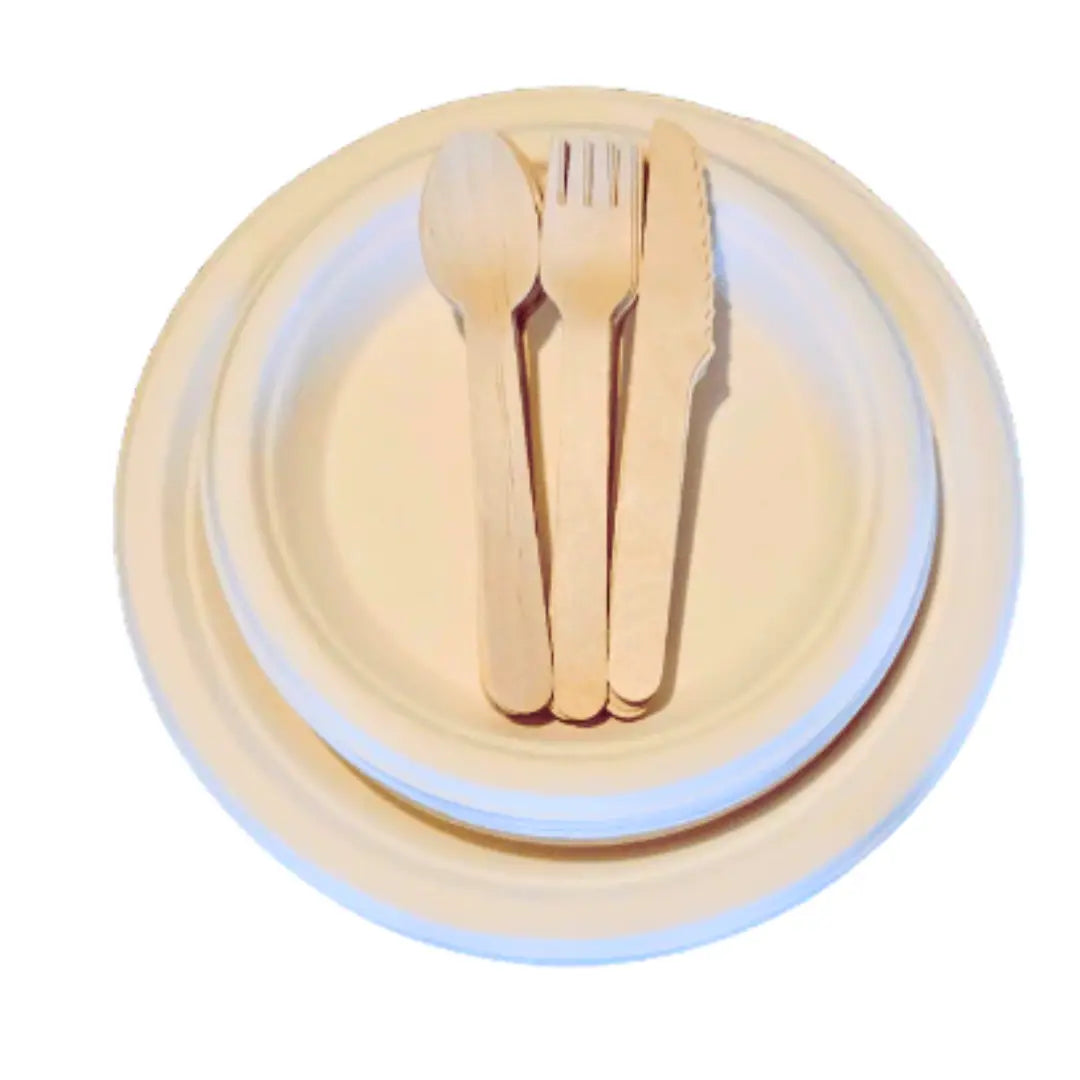 Kit Festa Ecoleva 50 pratos + 50 colheres + 50 garfos + 50 facas de madeira