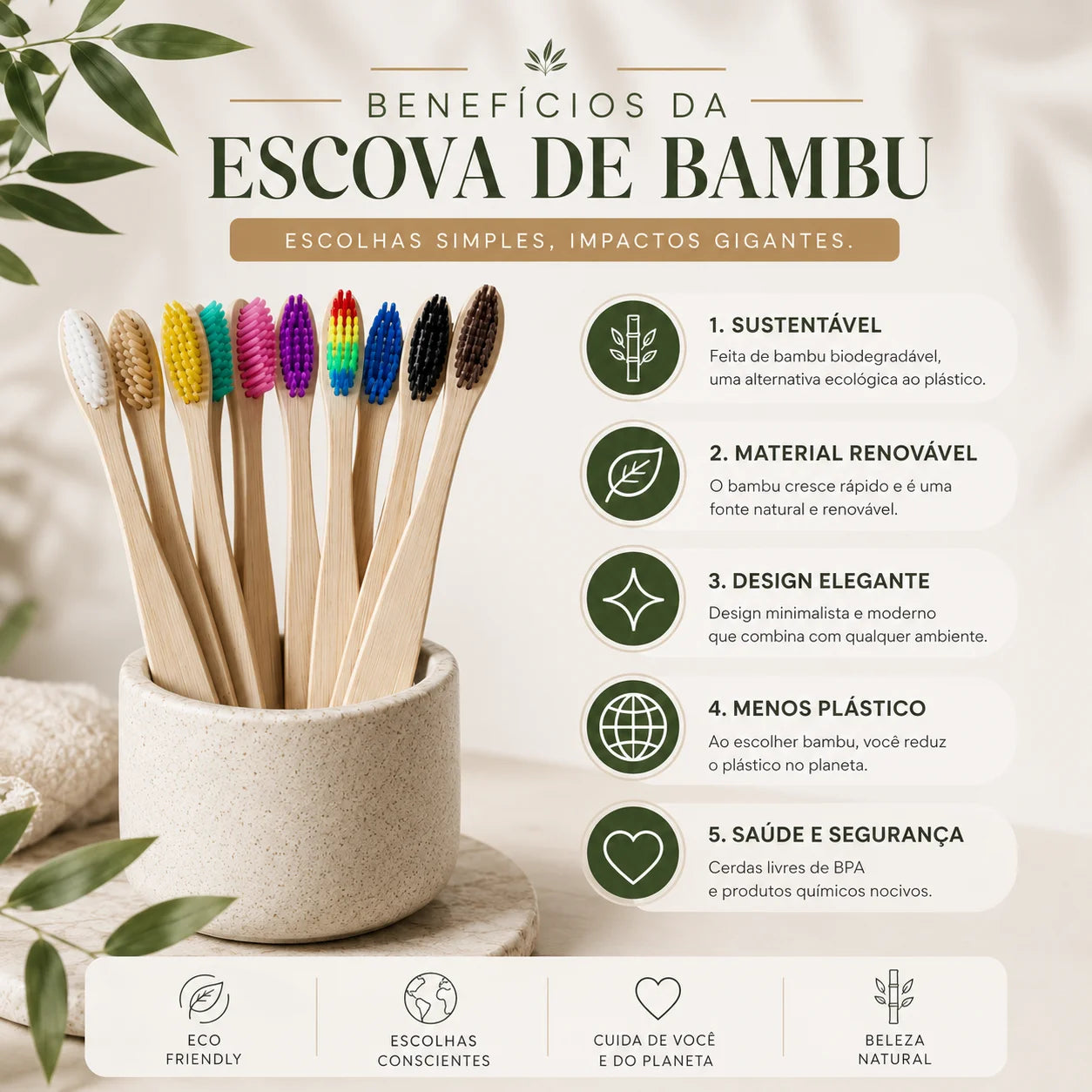 Kit 4 Escovas de Dentes de Bambu + 2 Cremes Dentais Menta Pura