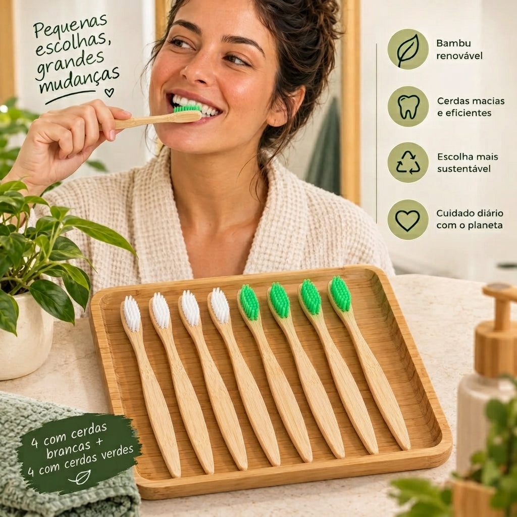 Kit Alvi Verde Escova de Dentes de Bambu Biodegradável