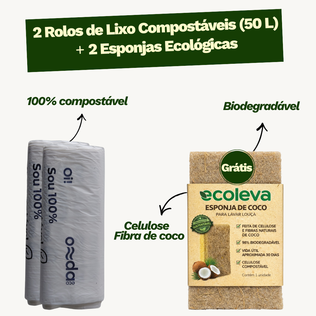 Kit 2 rolos de lixo compostáveis 50 L (GRÁTIS 2 Esponjas)