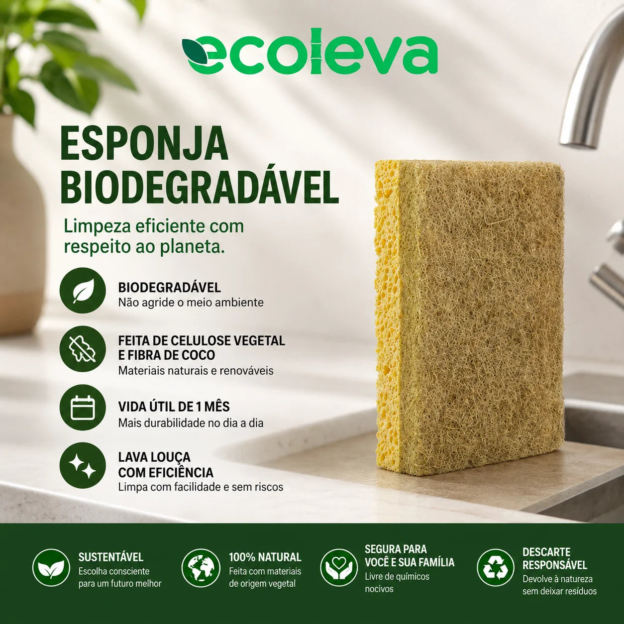 Kit Boa Limpeza - 10 Esponjas + 1 Pano Esponja + 1 Detergente Natural