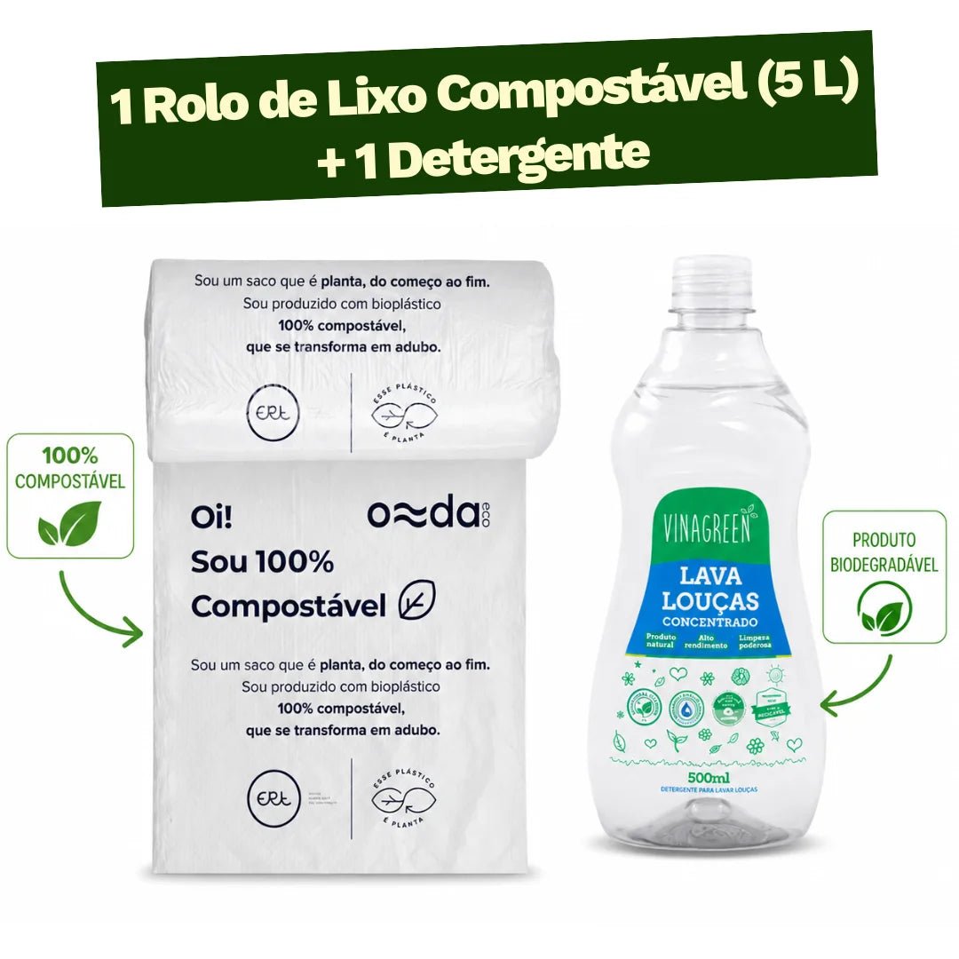 Kit 1 Rolo de Lixo Compostável 5L e 1 Detergente