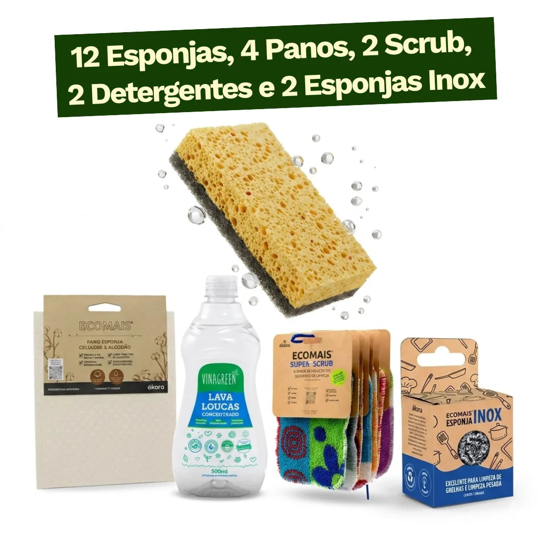 Kit Completo - 12 Esponjas, 4 Panos, 2 Scrub, 2 Detergentes e 2 Esponjas Inox
