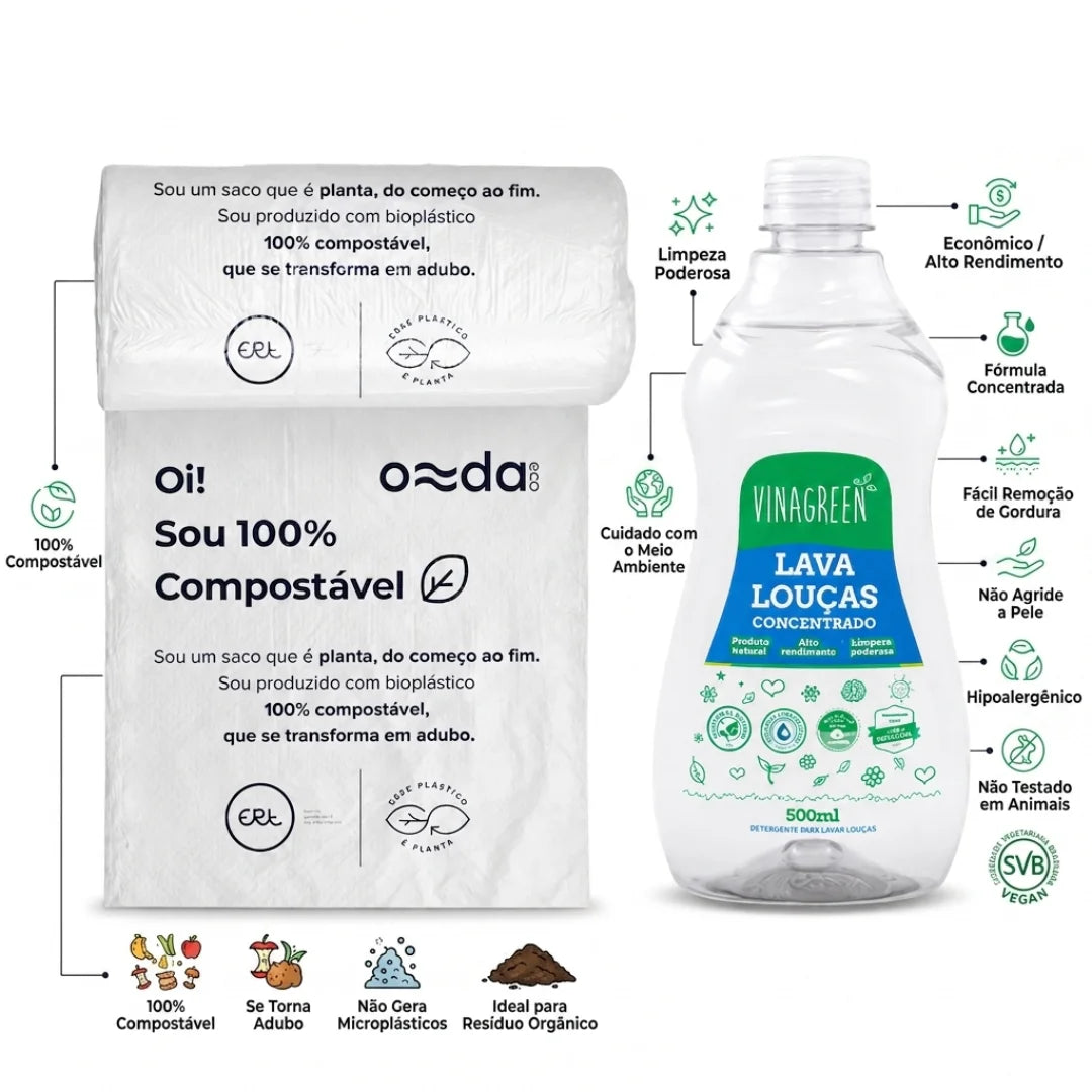 Kit 1 Rolo de Lixo Compostável 5L e 1 Detergente