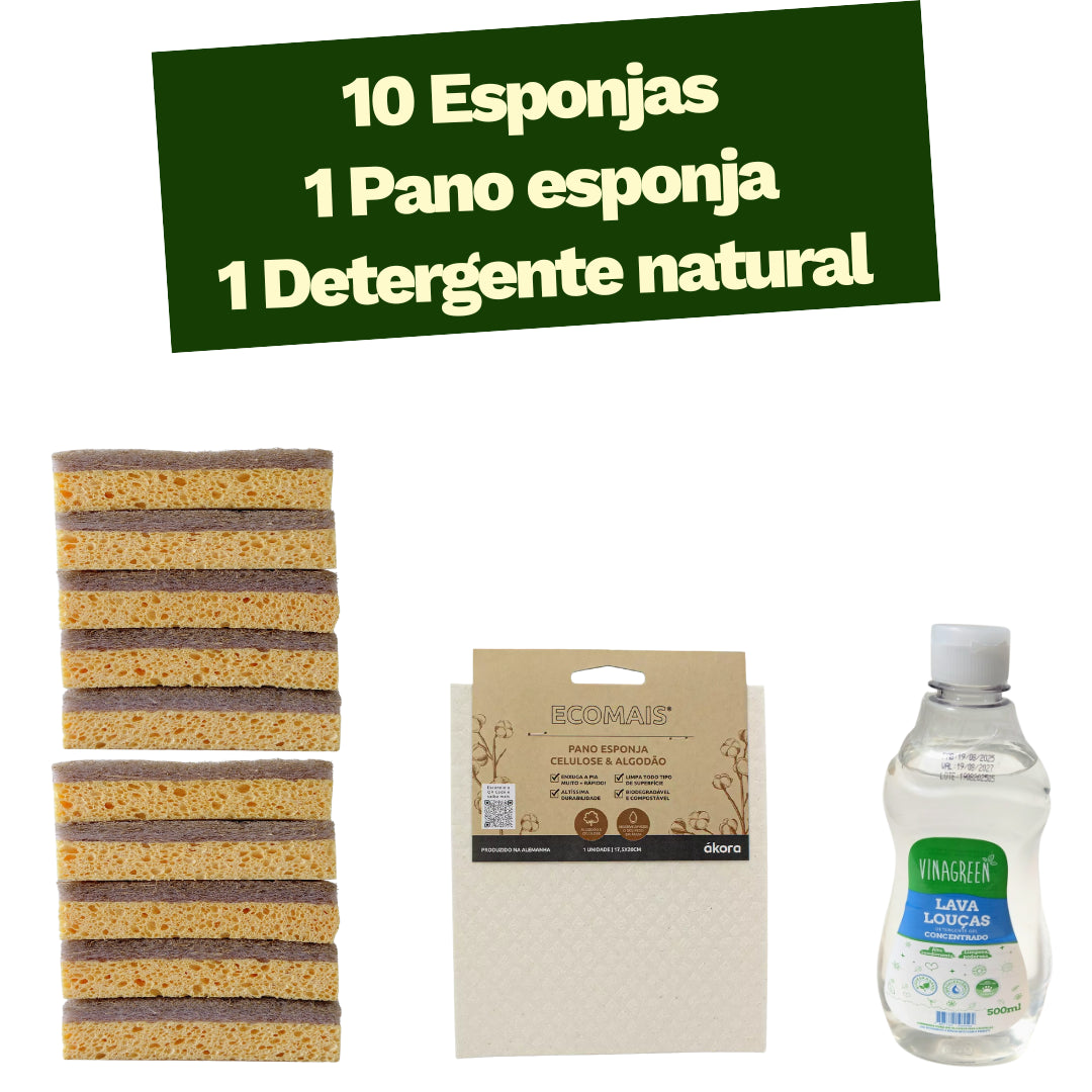 Kit Boa Limpeza - 10 Esponjas + 1 Pano Esponja + 1 Detergente Natural