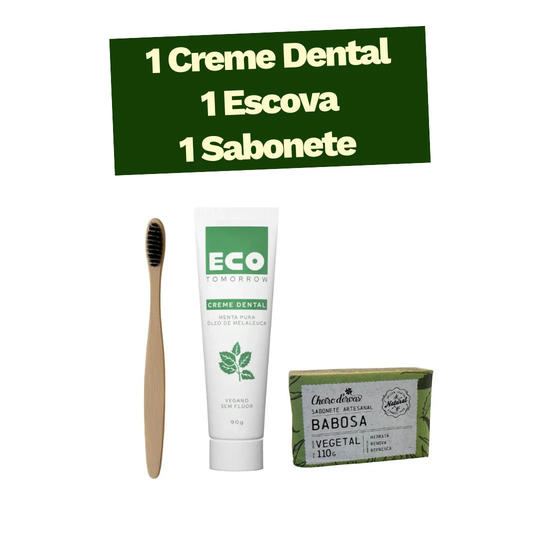 Kit Escova de Bambu Preta + Creme Dental Vegano Menta Pura + Sabonete Artesanal