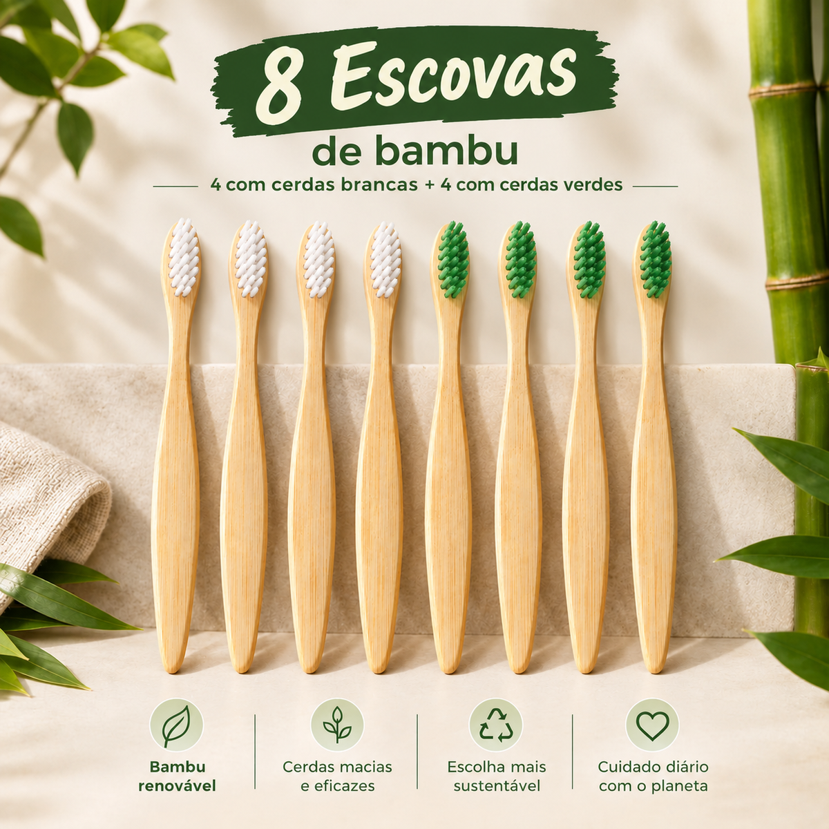 Kit Alvi Verde Escova de Dentes de Bambu Biodegradável