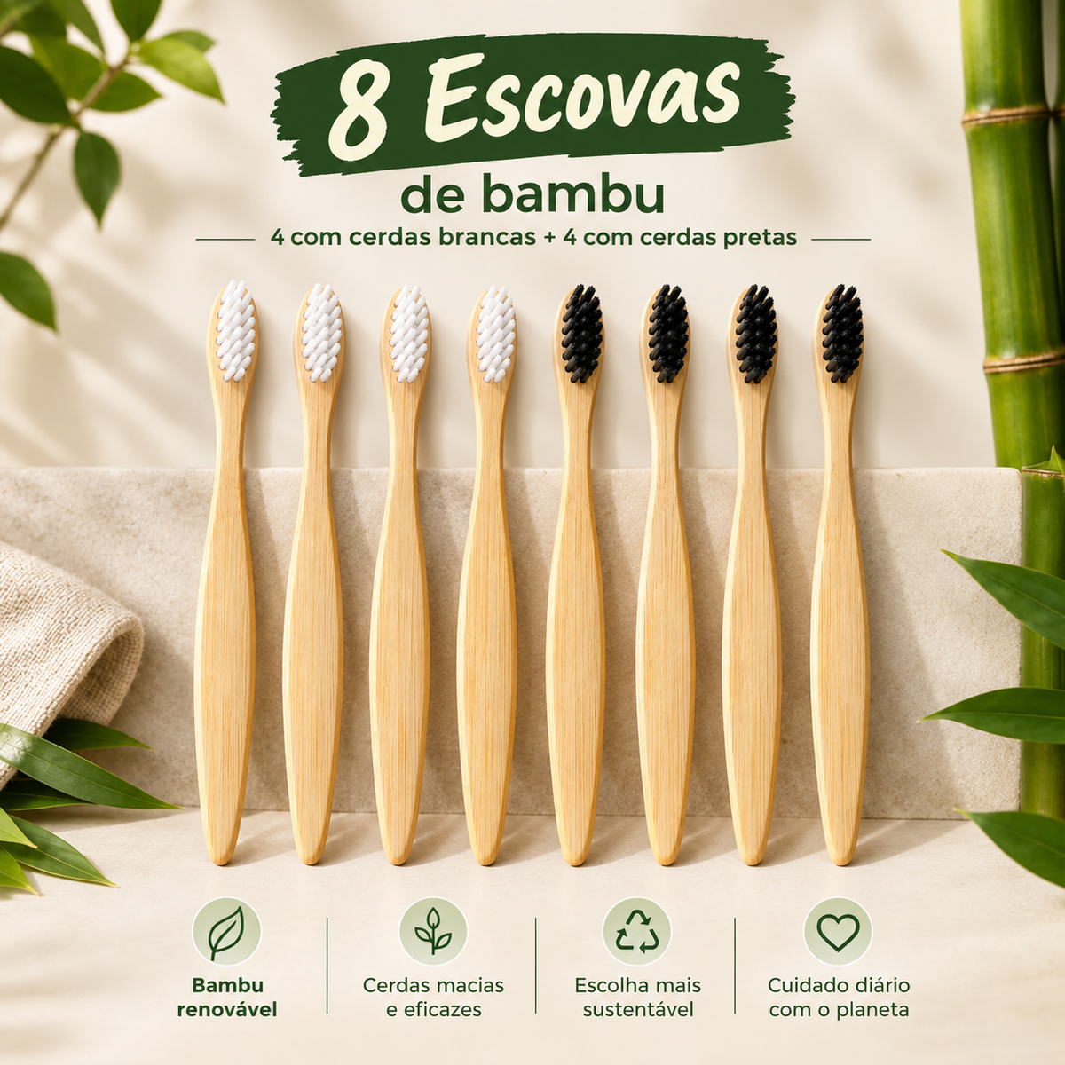 Kit Alvi Negro Escova de Dentes de Bambu Biodegradável