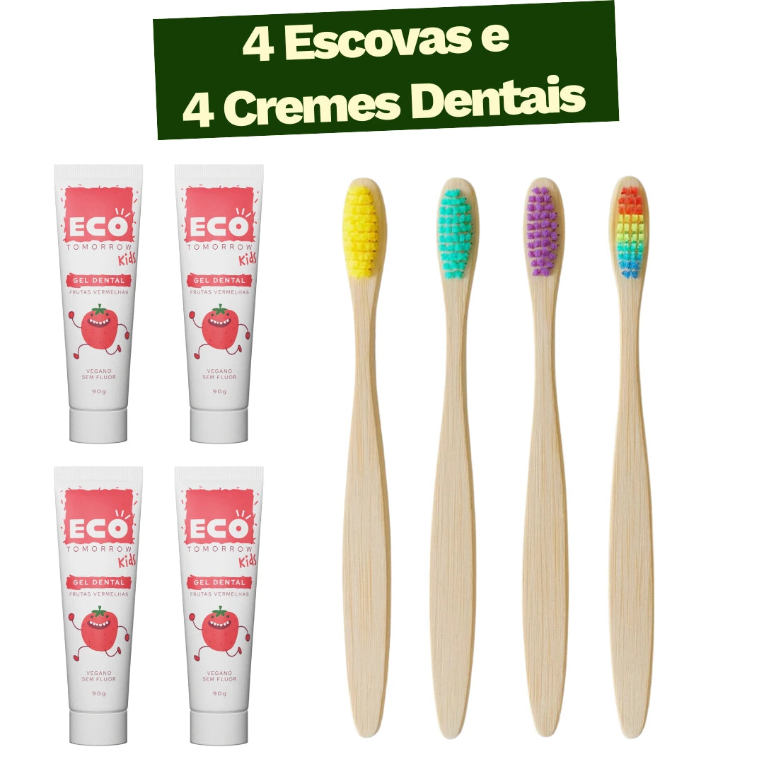 Kit 4 Escovas de Dentes de Bambu + 4 cremes dentais Kids