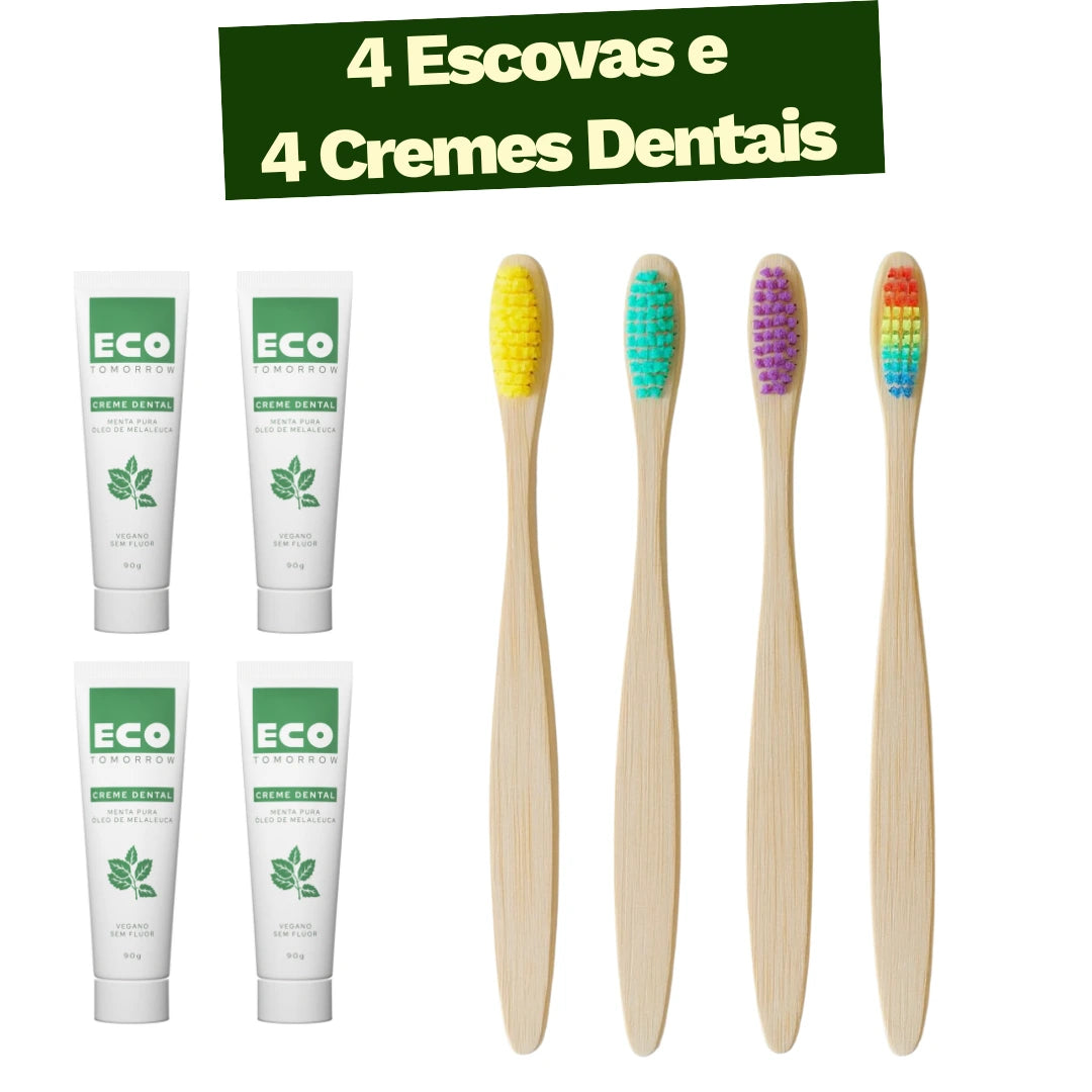 Kit 4 Escovas de Dentes de Bambu + 4 Cremes Dentais Menta Pura
