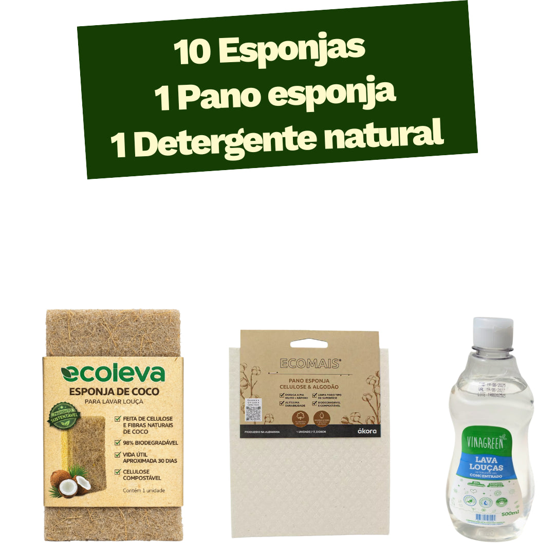 Kit Boa Limpeza - 10 Esponjas + 1 Pano Esponja + 1 Detergente Natural
