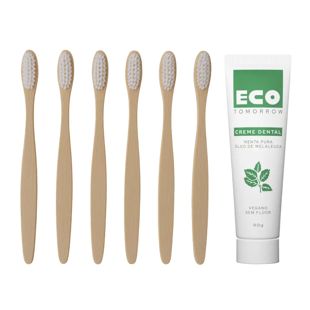 Kit 12 Escovas de Dentes de Bambu + Creme Dental Menta Pura