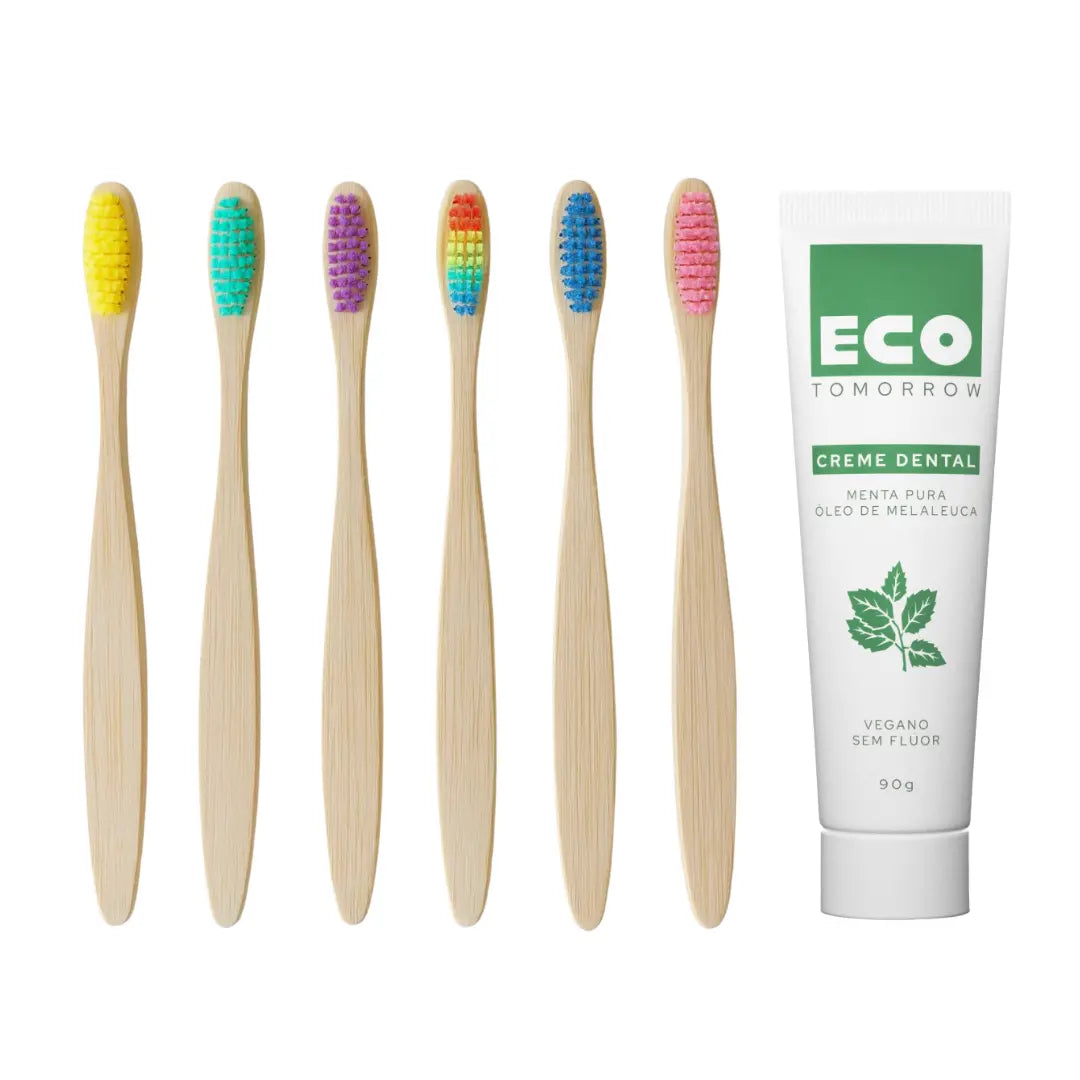 Kit 12 Escovas de Dentes de Bambu + Creme Dental Menta Pura