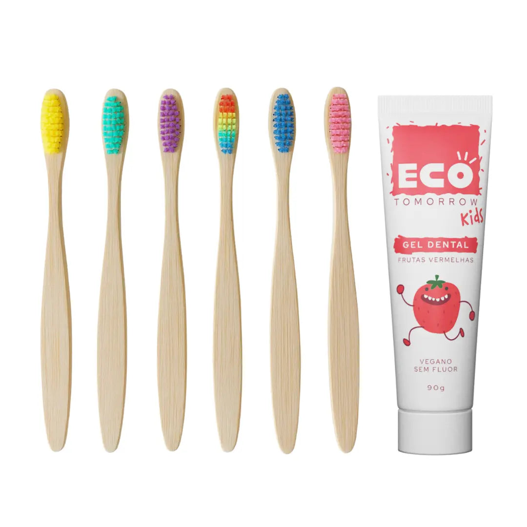 Kit 12 Escovas de Dentes de Bambu + creme dental Kids