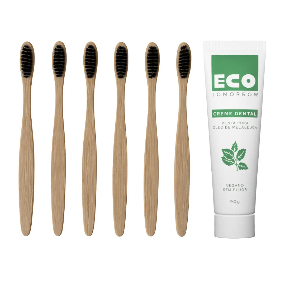 Kit 12 Escovas de Dentes de Bambu + Creme Dental Menta Pura