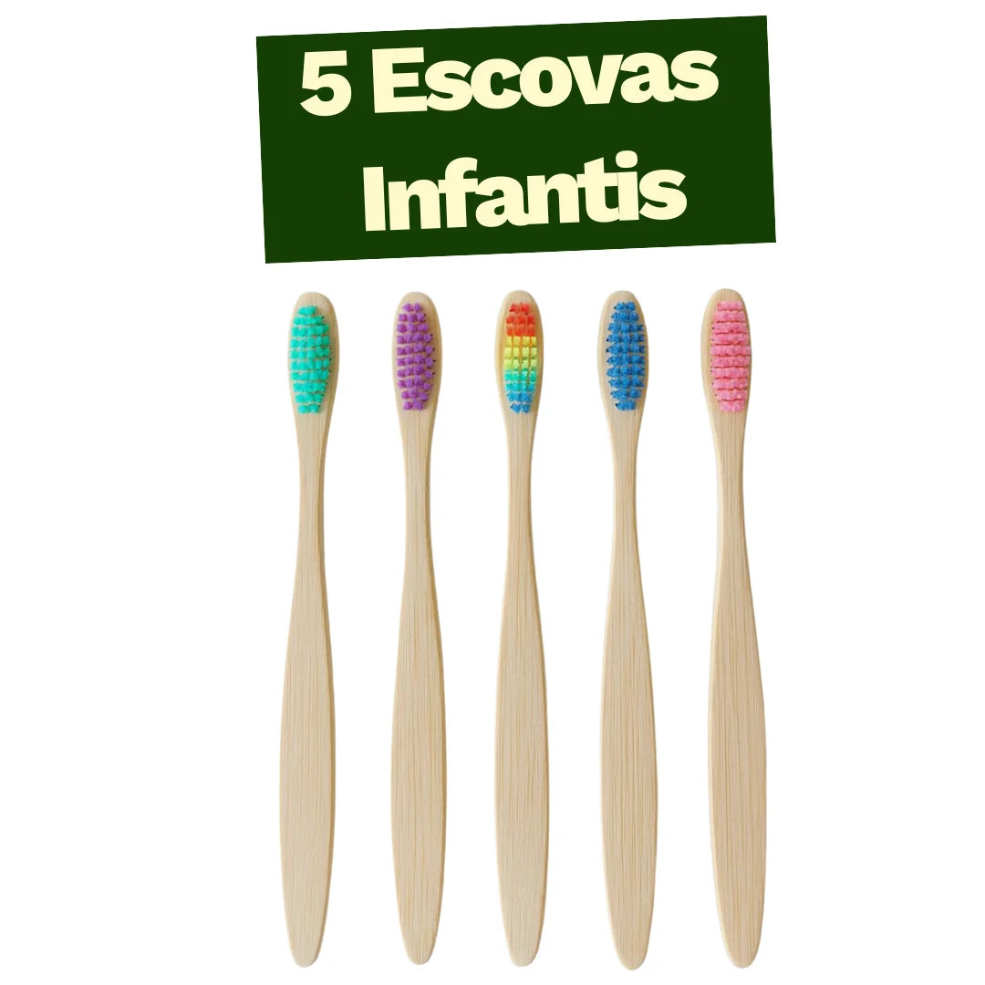Kit Infantil 5 Escovas de Dentes de Bambu Biodegradável