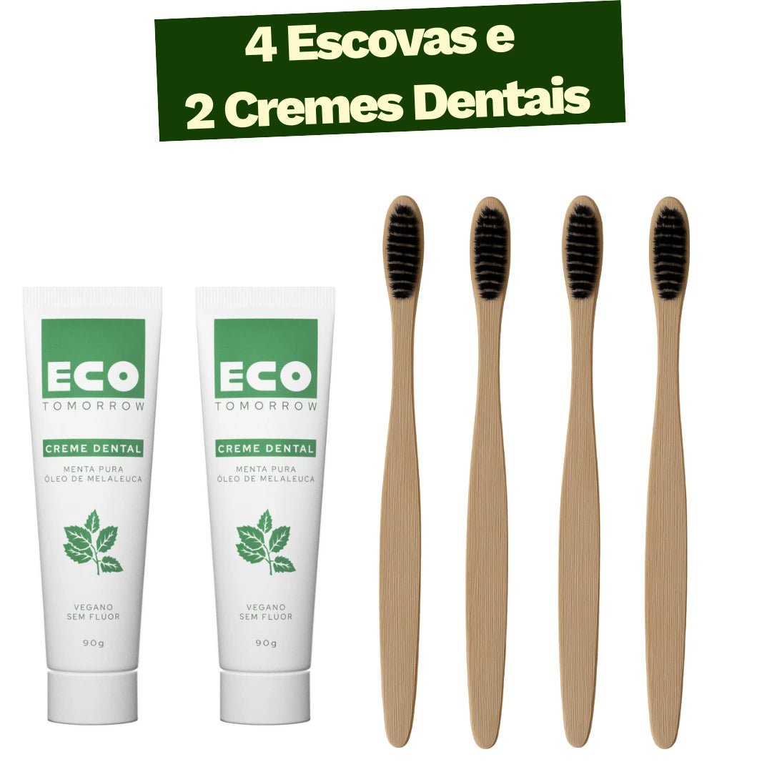 Kit 4 Escovas de Dentes de Bambu + 2 Cremes Dentais Menta Pura - Ecoleva