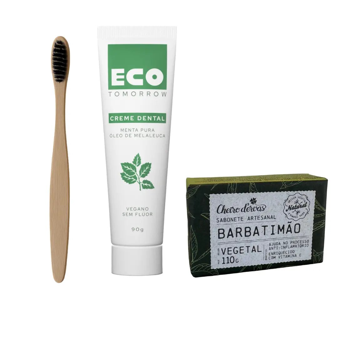 Kit Escova de Bambu Preta + Creme Dental Vegano Menta Pura + Sabonete Artesanal - Ecoleva