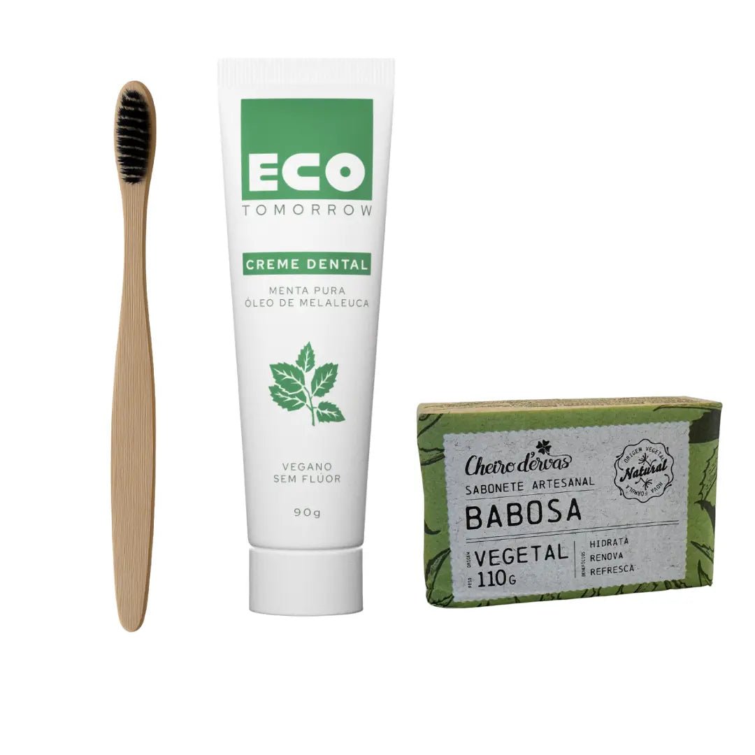 Kit Escova de Bambu Preta + Creme Dental Vegano Menta Pura + Sabonete Artesanal - Ecoleva