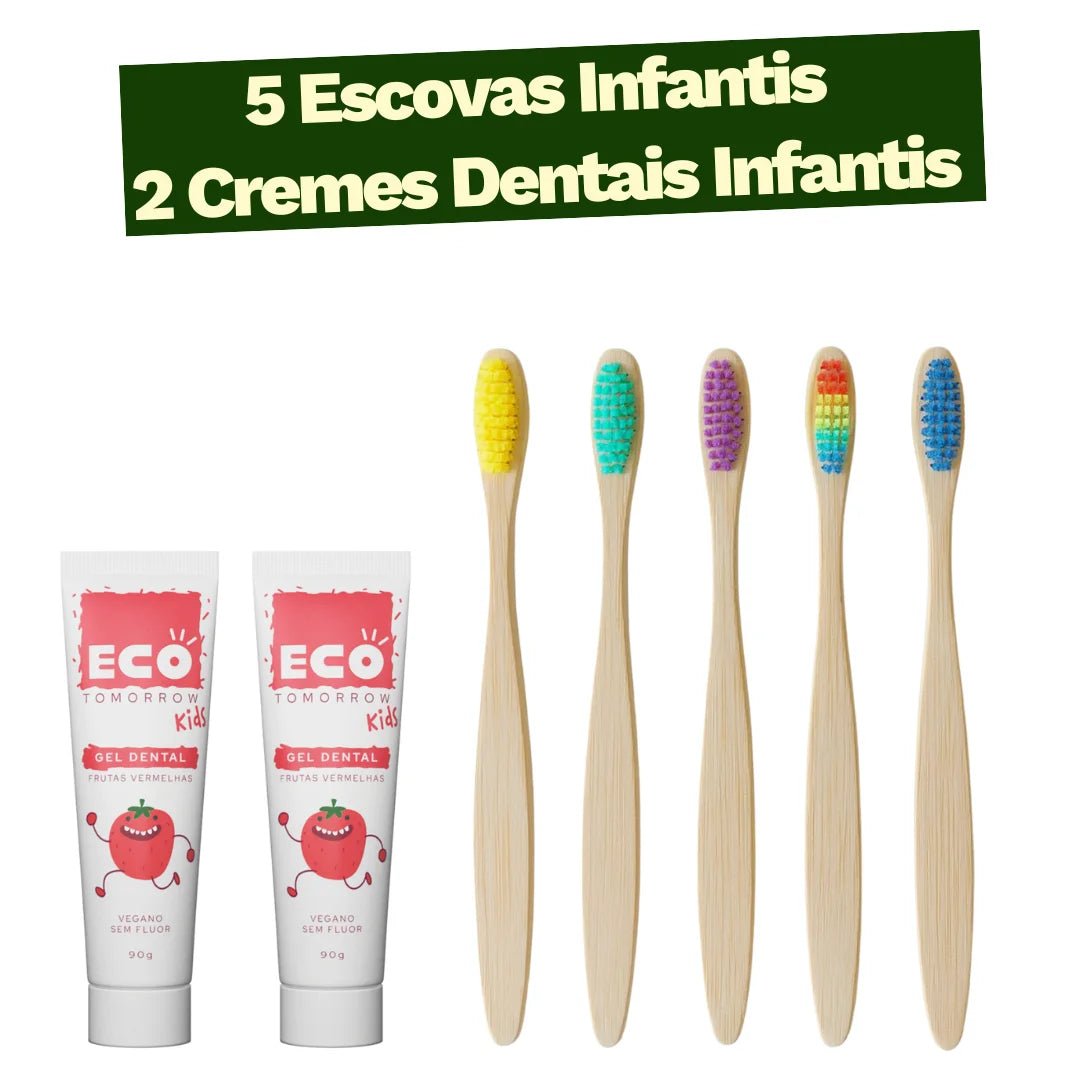 Kit Infantil 5 Escovas de Bambu Biodegradável + 2 Cremes Dentais Kids - Ecoleva