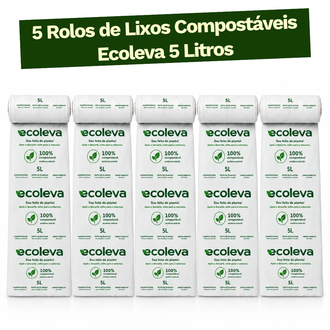 Kit 5 Rolos de Lixo 100% Compostável 5L Ecoleva - Leve 5 Pague 4