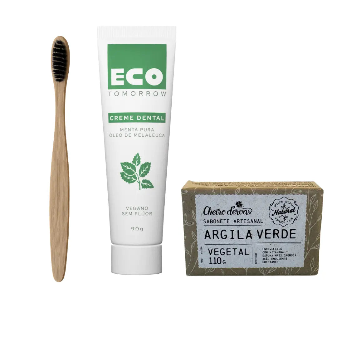 Kit Escova de Bambu Preta + Creme Dental Vegano Menta Pura + Sabonete Artesanal