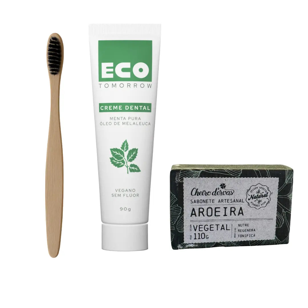 Kit Escova de Bambu Preta + Creme Dental Vegano Menta Pura + Sabonete Artesanal