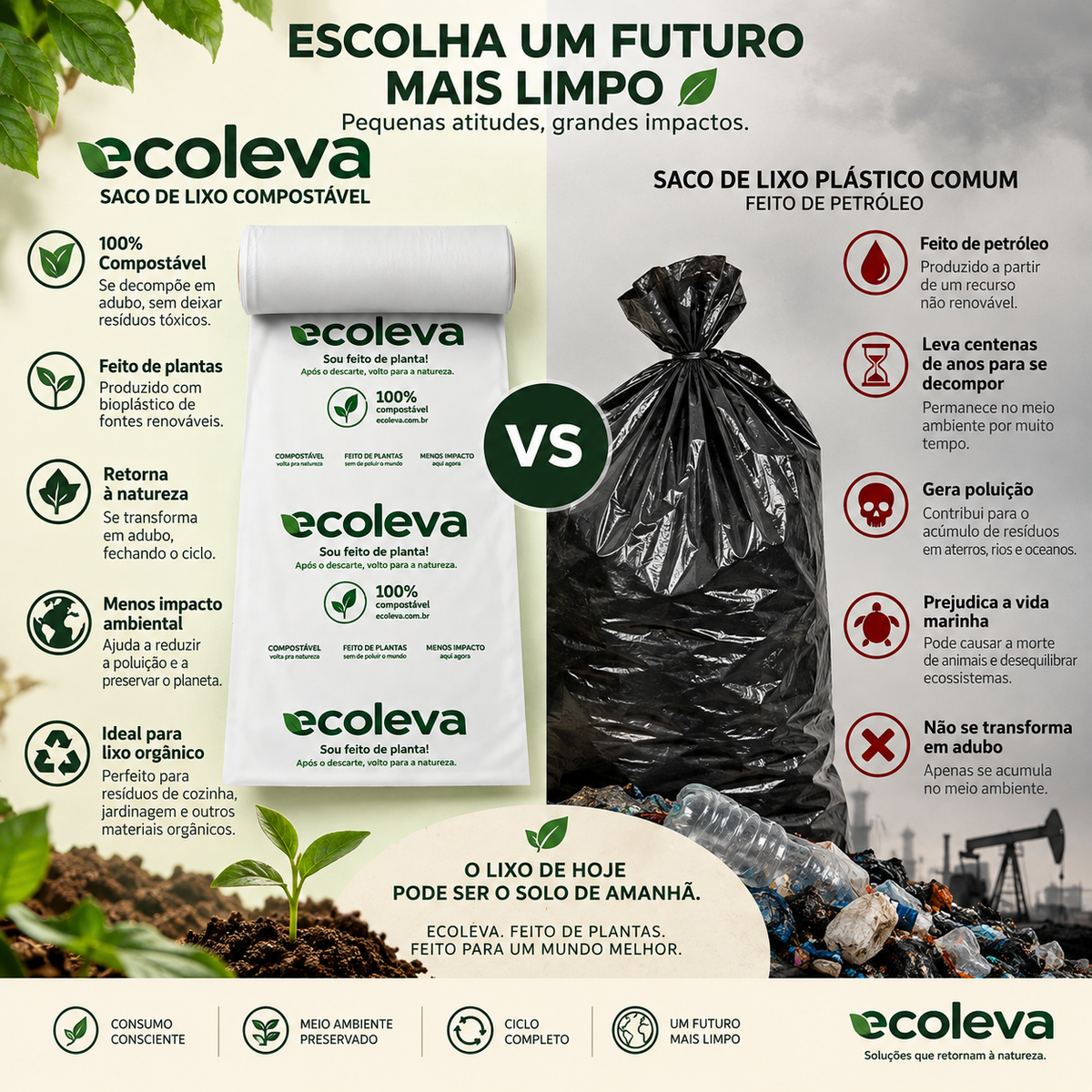 Saco de Lixo 100% Compostável 50L Ecoleva