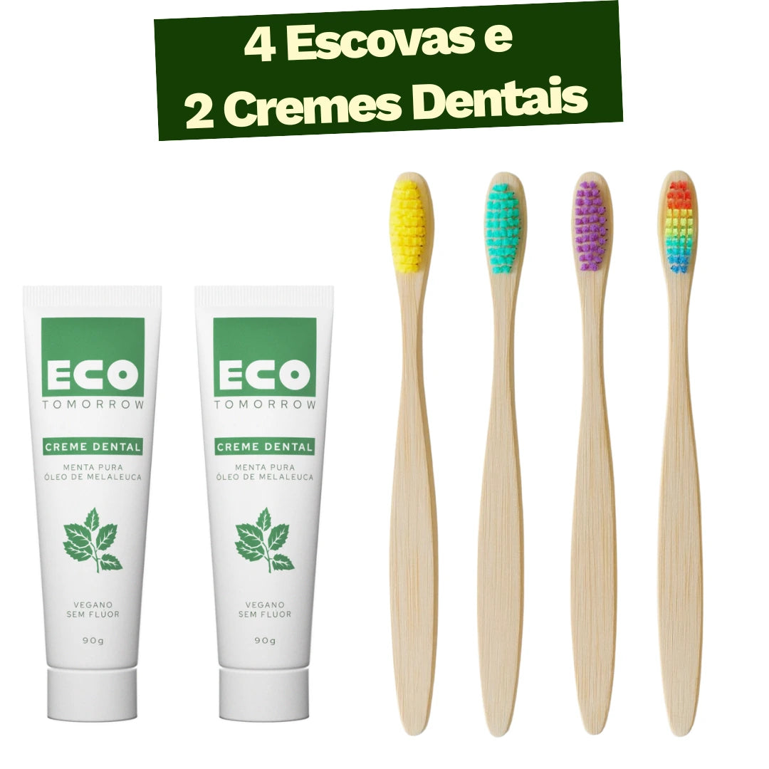 Kit 4 Escovas de Dentes de Bambu + 2 Cremes Dentais Menta Pura