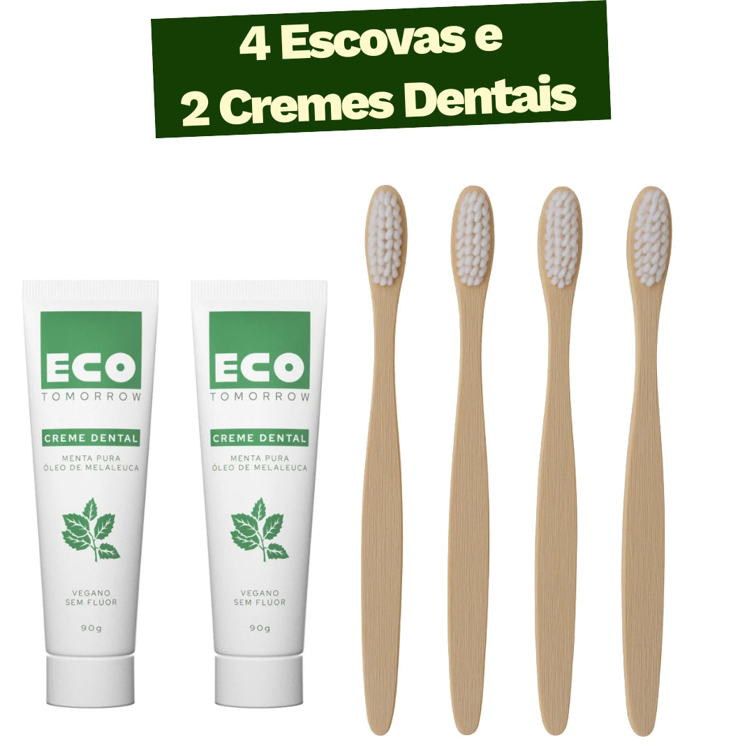 Kit 4 Escovas de Dentes de Bambu + 2 Cremes Dentais Menta Pura